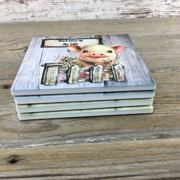 Pig Don't Mess up the Table Set of 4 Sandstone Coasters - Picture 7 of 7